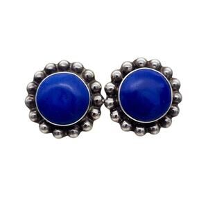 Vintage Sterling Silver & Large Center Blue Lapis Lazuli Pierced Earrings